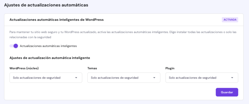 Actualizaciones automáticas inteligentes de WordPress en Hostinger